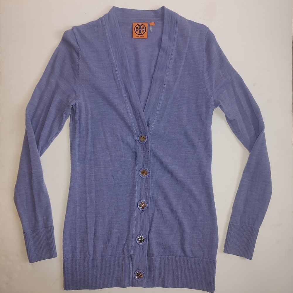 Tory Burch Simone Merino Wool Cardigan Purple Lilac Big Logo Buttons V Neck S